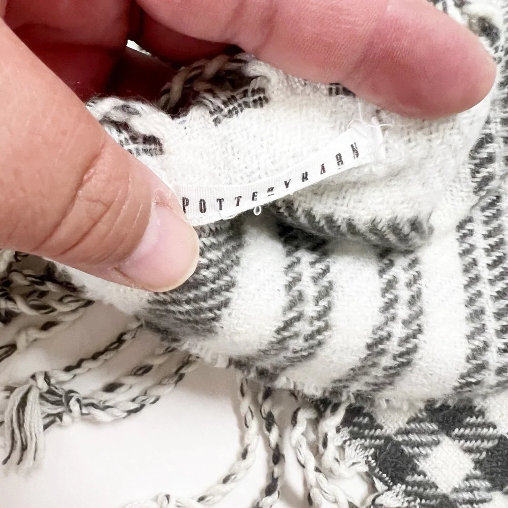Pottery Barn Home Gray White Striped Gingham Gray Ivory Fringe Throw Blanket